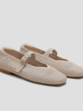 Knit Mary Jane Flats with Buckle in Beige